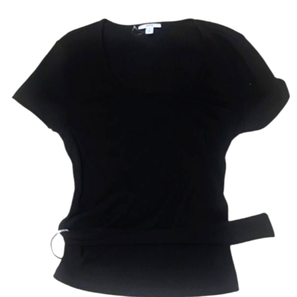 Bar. iii Women's Black Ribbed Belted Fitted Top SZ XL